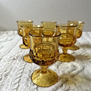 Vintage 1970er King’s Crown Daumenabdruck Bernstein Kelche 4 1/4 Zoll 6er Set - Bild 1 von 12