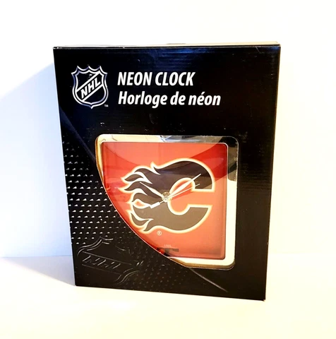 Calgary Flames Neon Wall Clock Chrome 7" Square NRFB Cover