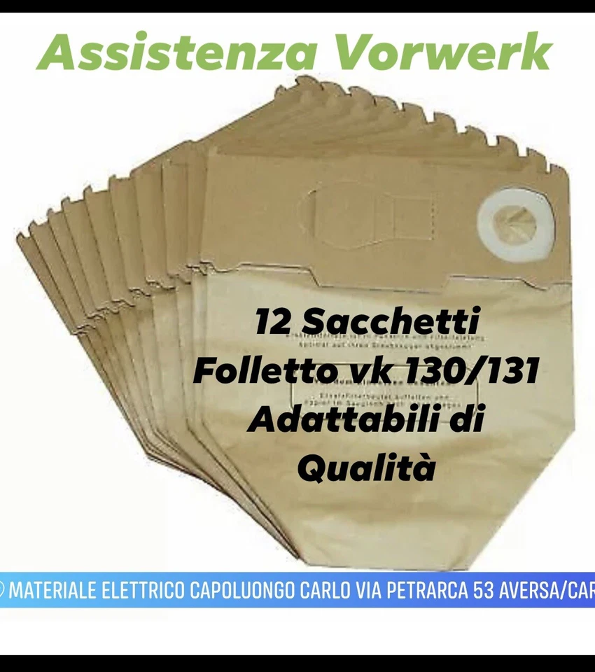 12 SACCHI SACCHETTI BUSTE ADATTABILI ASPIRAPOLVERE FOLLETTO VORWERK VK130 VK131