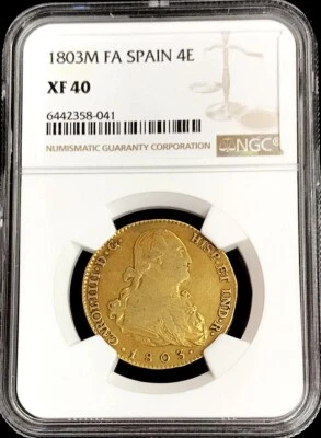1803 M FA GOLD SPAIN 4 ESCUDOS CHARLES IV COIN MADRID MINT NGC EXTREMELY FINE 40 - Image 1 of 2