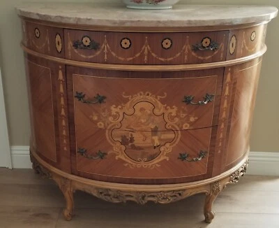 VTG  French Style Marble Top Demilune Commode W/ Marquetry Romantic Scene Inlay  - Image 1 of 4