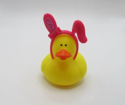 HAND DECORATED YELLOW RUBBER DUCK W/ PINK BUNNY EARS W/ GLITTER ACCENTS - Image 1 of 4