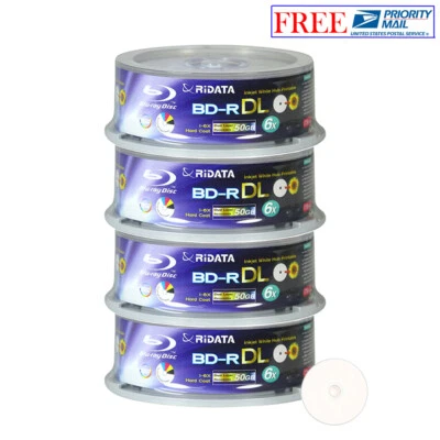 100 Pack Ridata Blu-ray BD-R DL Dual Layer 6X 50GB White Inkjet Printable Disc - Image 1 of 3