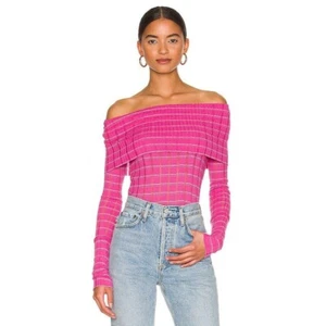 Free People NWT  Snowbunny Rib Top Off Shoulder Cowl Neck Fuchsia Fizz Combo XS - Picture 1 of 10