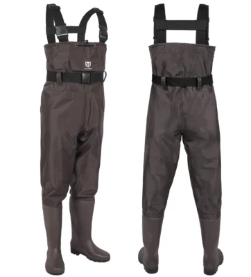 TIDEWE Mens Bootfoot Chest Waders 2-Ply Nylon/PVC Waterproof Shoe Sz 13 - Brown - Image 1 of 4