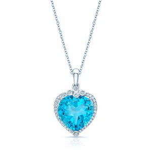 Heart Blue Topaz Diamond Pendant Necklace 14K White Gold Women's Natural Love - Picture 1 of 3