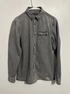ALLSAINTS Pearl Snap Flannel Shirt Mens Small Grey Long Sleeve - Picture 1 of 15