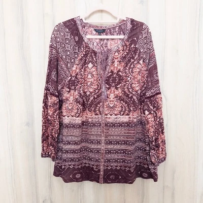Top Lucky Brand para mujer mezcla de lino talla 1X rosa borgoña boho cabaña artística Foto 1 de 4
