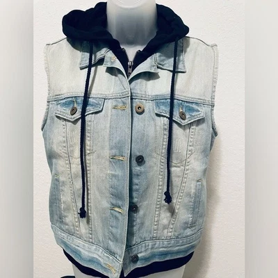 Chaleco vaquero con capucha sin mangas chaqueta de jean con botones azul Foto 1 de 4