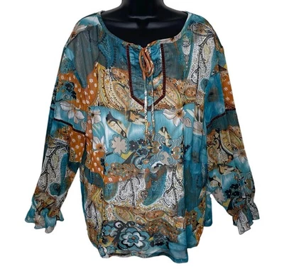 Vtg Requirements Peasant Blouse Blue Orange Sheer Paisley Floral Y2K Boho Sz 14 - Image 1 of 4