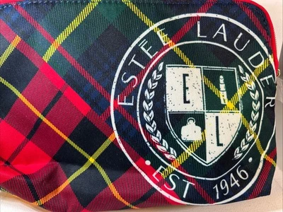 Bolsa de maquillaje a cuadros escoceses tartán Estée Lauder bolsa roja verde escudo logotipo cosméticos de viaje  Foto 1 de 4