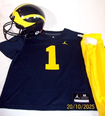 NWT NIKE BOYS YOUTH MEDIUM #1 MICHIGAN WOLVERINES FOOTBALL JERSEY HELMET UNIFORM - Image 1 of 4