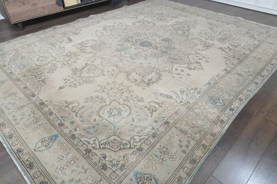 9.5x12.6 ft Medallion Vintage Turkish Oushak Rug, Faded Beige Handmade Wool Rug - Image 1 of 4