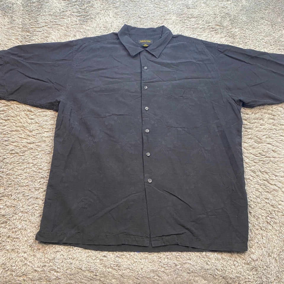 Camisa Roberto Villini Hombres 2XL Negra Seda Floral Adornada Vacaciones Playa Campamento Foto 1 de 4