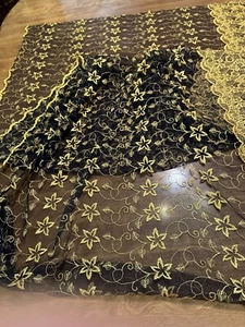 GOLD METALIC EMBROIDERED SEWING REMNANT 74" X 34" ON BLACK SHEER NET - Picture 1 of 6