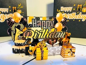 Origami Pop Cards Golden Happy Birthday with Presents Cakes & Balloons 3D Card - Bild 1 von 11