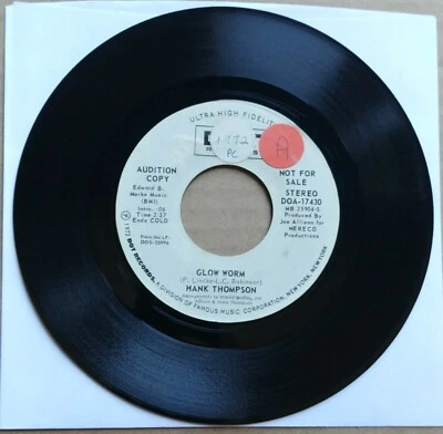 HANK THOMPSON You're Nobody Till Somebody Loves You/Glow Worm PROMO 45 Record - Image 1 of 2