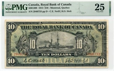 1913 $10 Royal Bank of Canada Battleship Issue,  Very Fine, PMG VF 25 - Image 1 of 2