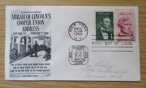 Scott 1113 1114 FDC~ABRAHAM LINCOLN COOPER UNION ADDRESS  FDC 1959 Cover