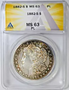 1882-S Morgan Silver Dollar ANACS MS 63 PL Prooflike Toned Coin Brown Toning - Picture 1 of 14