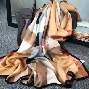 Bufanda Larga 100% Seda Pura Cuadros Moda Naturaleza Mantón de Seda Real 71*26"  - Imagen 1 de 8