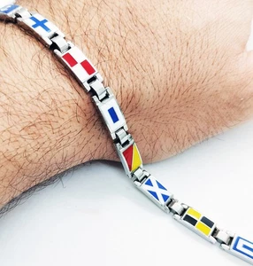 Bracciale Uomo Acciaio Bandiere Nautica Smaltate Nautical Flags Regolabile - Picture 1 of 6