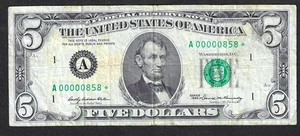 1969 $5 BOSTON FRN *** VERY LOW 3-DIGIT STAR NOTE *** SERIAL A00000858* - Picture 1 of 2
