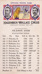 Original HAGENBECK WALLACE CIRCUS 1930 ROUTE CARD July Dates ILLINOIS IOWA MN - Picture 1 of 2
