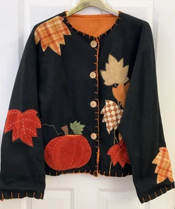 Embellished Felt Lined Jacket MEDIUM Autumn Appliques Stitched Accents Pockets - Picture 1 of 20