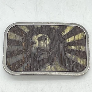 Jesus Belt Buckle Religious Christian Gothic Image Inlay Wood Vtg Belt Buckle - Bild 1 von 3