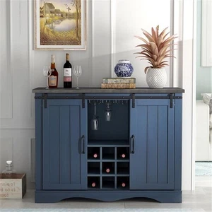 Pemberly Row Navy Buffet Bar Cabinet Barn Door w/ Marbling Pattern Countertop - Picture 1 of 8