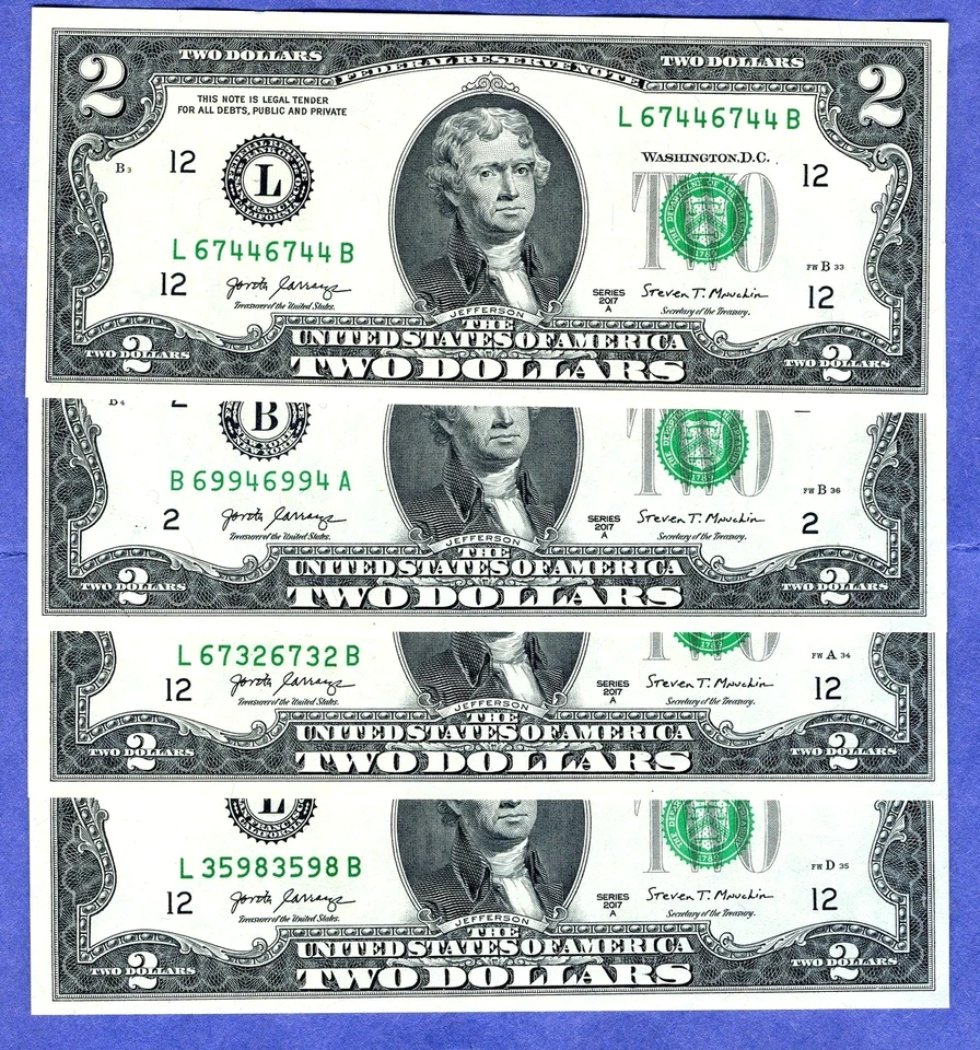 FOUR (4) Fancy REPEATER serial number $2 2017A  notes each Gem Uncirculated - Image 1 of 2