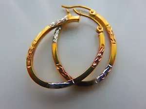 Gold Oval Hoop Earrings 9 Carat Multi Coloured Diamond Cut Double Sided 25mm - Picture 1 of 2