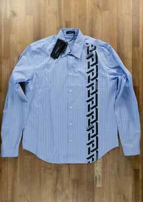 Camisa VERSACE La Greca Azul Rayas Motivo Llave Griega Talla 41/Grande Auténtica Foto 1 de 4