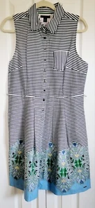 Tommy Hilfiger L Striped Dress Blue Black White Semi Pleated Skirt Slvless NWOT - Picture 1 of 10