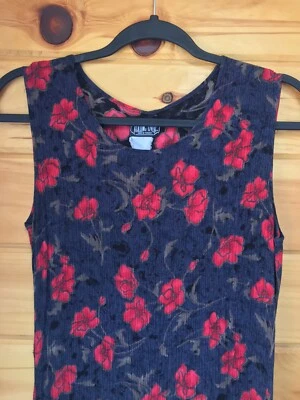 复古 90 年代连衣裙中号蓝色和红色花卉皱褶材料背心裙 — 第 1/4 张图片