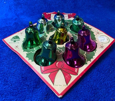 8 Vintage MCM Bradford Christmas Bells Ornaments on Card Mid Century Modern 1954 - Image 1 of 4