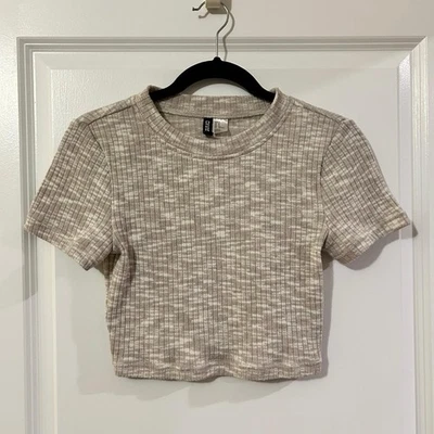 H&M разделенный женщин ворота короткий рукав ребристый укороченный Топ желтовато-коричневый/белый размер S - Изображение 1 из 4