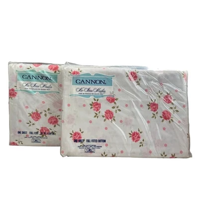 NEW Vintage Cannon No-Iron Muslin Full Flat & Fitted Sheet Set Rose Floral White - Image 1 of 4