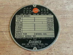 Gardner Landis Tools Machine Motor Tag Plate 3-1/4" South Beloit IL Vintage - Picture 1 of 24