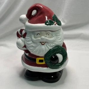 Jolly SANTA Holding Candy Cane & Wreath COOKIE CANDY JAR Christmas Holiday Tradi - Picture 1 of 15