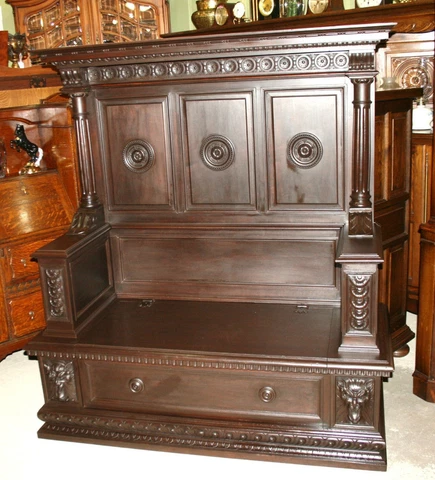 French Antique Furniture Walnut Wooden Renaissance Throne Bench Chair w. Storage Cover