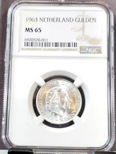1963 NETHERLANDS SILVER 1 GULDEN JULIANA NGC MS 65 SCARCE GEM BU BEAUTY - Picture 1 of 3