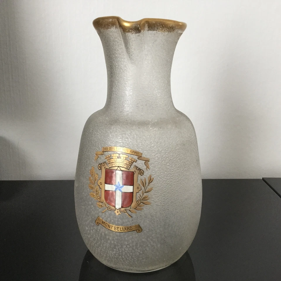 DAUM LEGRAS Pichet Broc Ancien Emaillé Blason Montbéliard Fond Granité Enamel - Photo 1/4