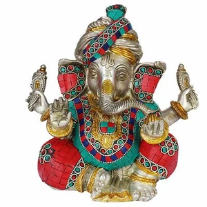 Murti couleur laiton argent Murti du Seigneur Ganesh Ganesha en turban pagadi idole décorée - Photo 1/5