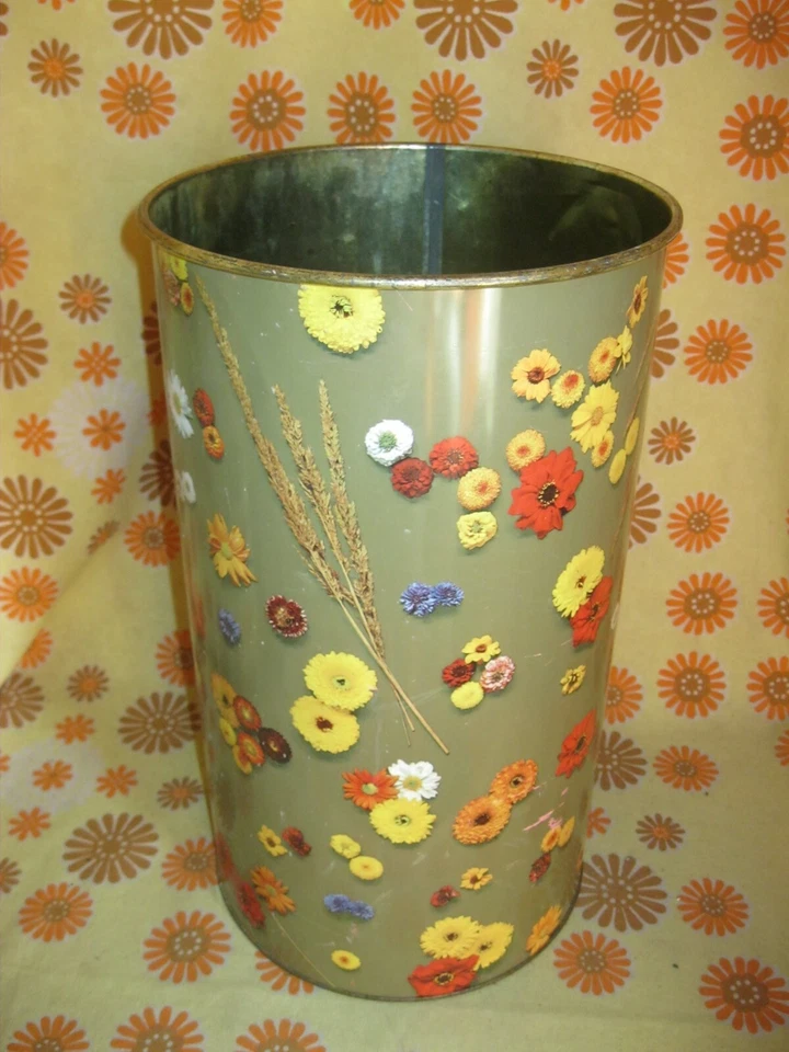 Vintage 70s Ancien BARIL POUBELLE PUBLICITAIRE LESSIVE PERSIL 40x23 FLEURS BIDON - Photo 1/4