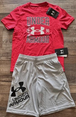 NWT Under Armour Boys YLG Gray/Red/White/Black Shorts Set Large - Image 1 of 4