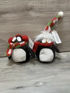 HTF Rare Set Of 2 Transpac Plush Christmas Penguin Ornaments NWT free Shipping - Picture 1 of 10