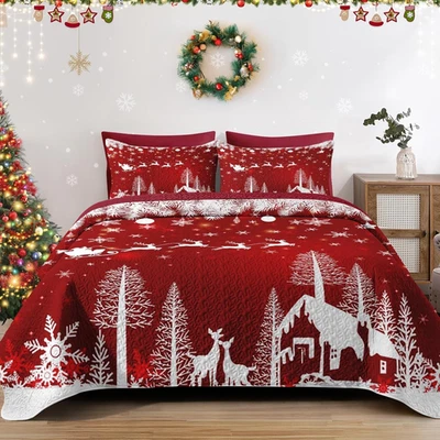Juego de edredón Navidad tamaño completo/queen, colcha ligera roja campo nieve Foto 1 de 4