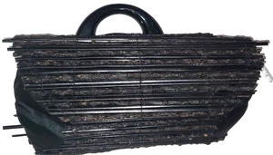 Vintage Mid Century Modern schwarz Holzlatten Handtasche rund klein Kunststoffgriff Geldbörse - Bild 1 von 7